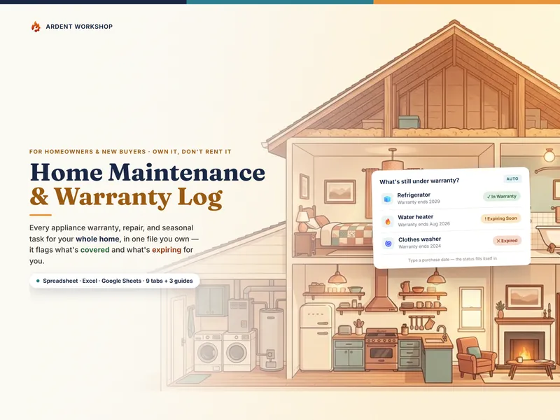 Home Maintenance & Warranty Log — track every appliance warranty, repair, and seasonal task in one spreadsheet you own