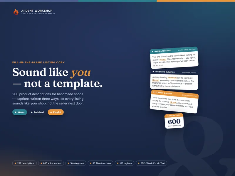 Maker's Product Description & Brand Voice Copy Bank — Sound like you, not a template: 200 descriptions in 3 voices