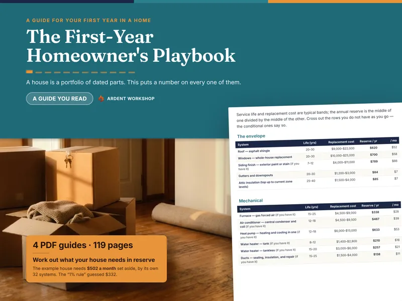 The First-Year Homeowner's Playbook — a page of the Home Systems Reference showing annual reserve figures, over a golden-hour entryway with stacked moving boxes and a house key