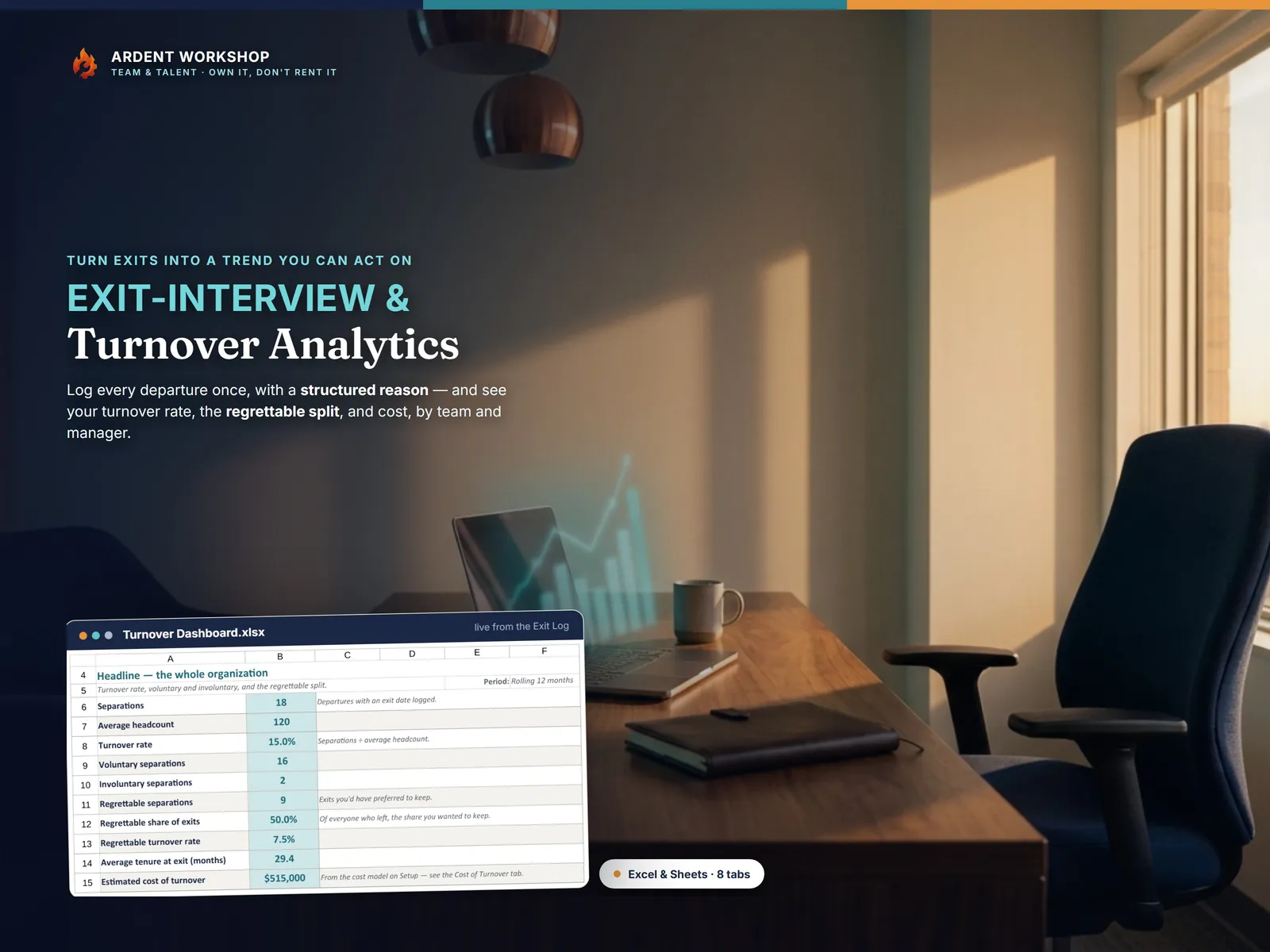 Exit-Interview & Turnover-Analytics Workbook — log exits and see turnover rate, the regrettable split, and cost