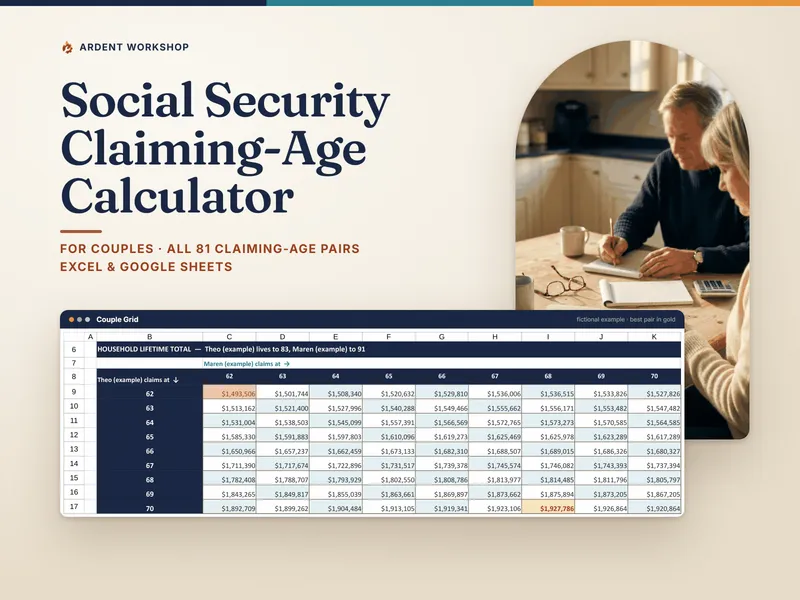 Social Security Claiming-Age Calculator, showing the Couple Grid of household lifetime totals for every pair of claiming ages beside a couple reviewing their statements at a kitchen table