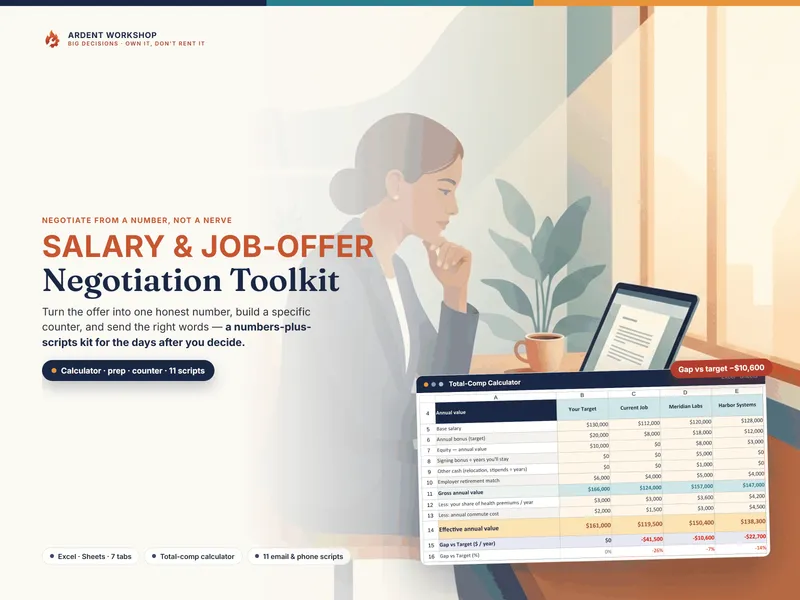 Salary & Job-Offer Negotiation Toolkit — a total-comp calculator showing a $10,600 gap to target and a counter offer