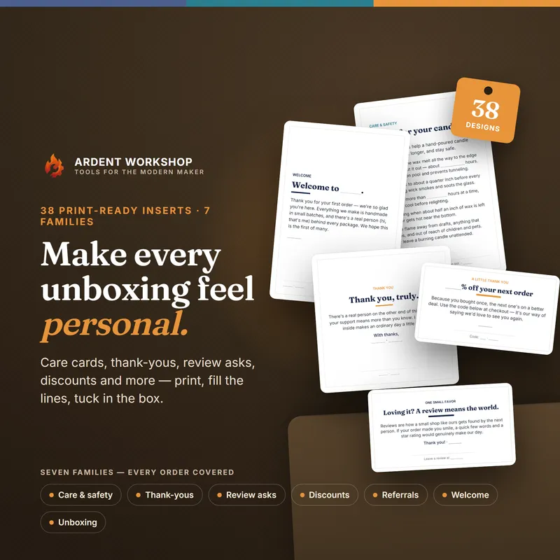 Maker's Care Cards & Packaging Inserts Pack — 38 print-ready inserts