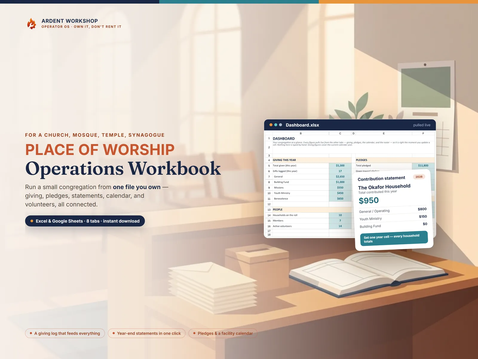 Place-of-Worship Operations Workbook — run a small congregation's giving, pledges, and calendar from one owned file