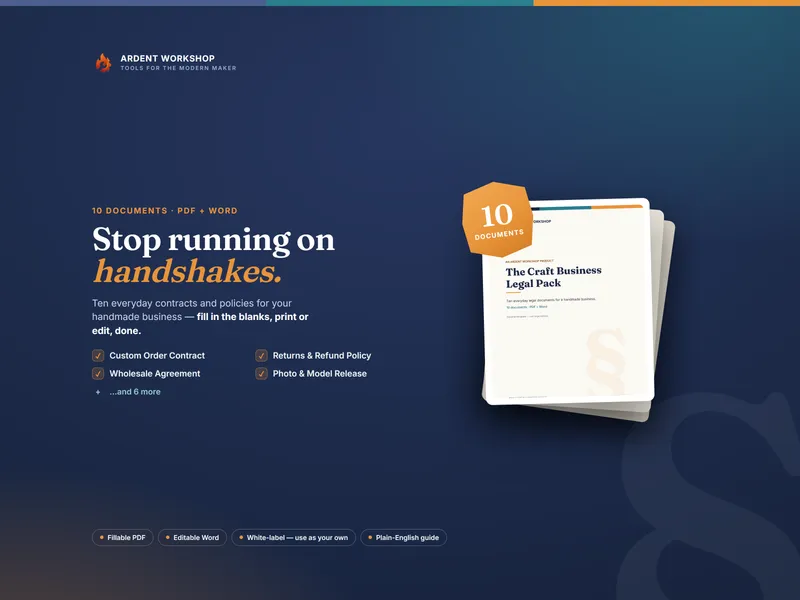 Craft Business Legal Pack — stop running on handshakes: 10 editable legal documents for makers