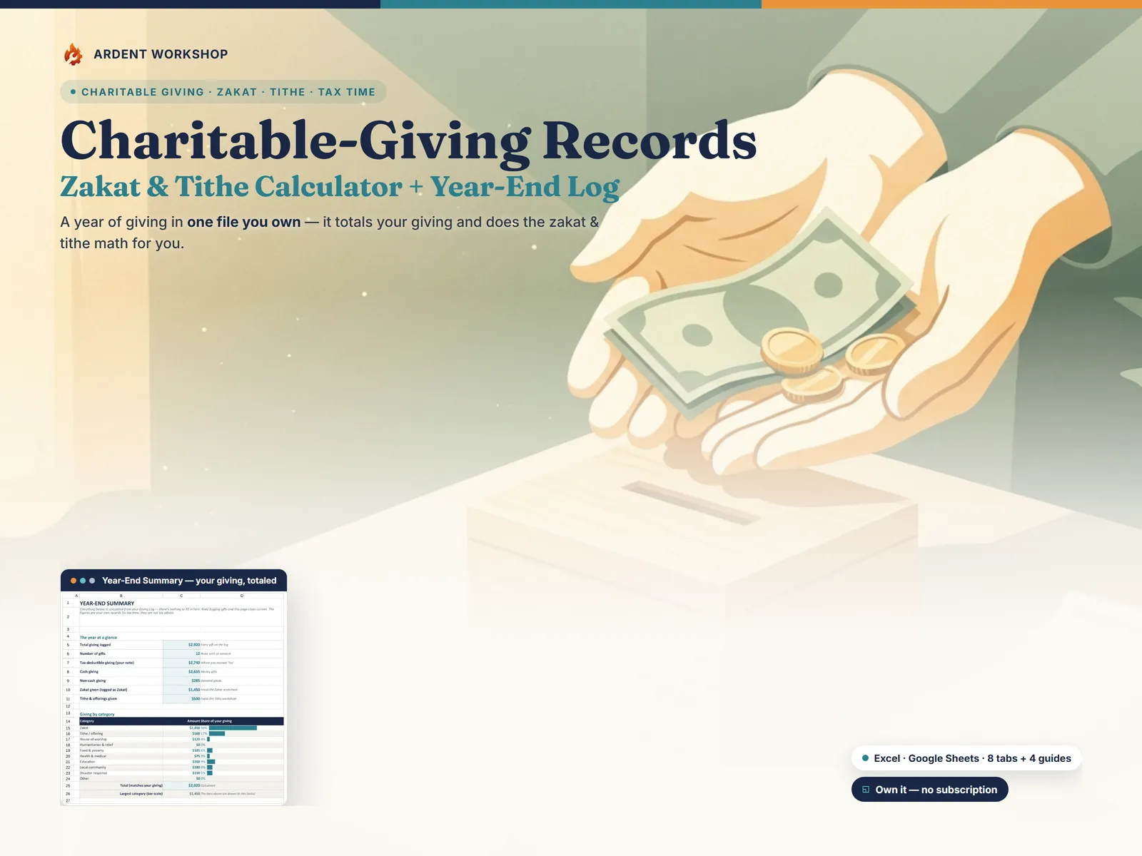 Charitable Giving Tracker & Zakat/Tithe Calculator — a year of giving totaled in one file you own, for Excel and Google Sheets