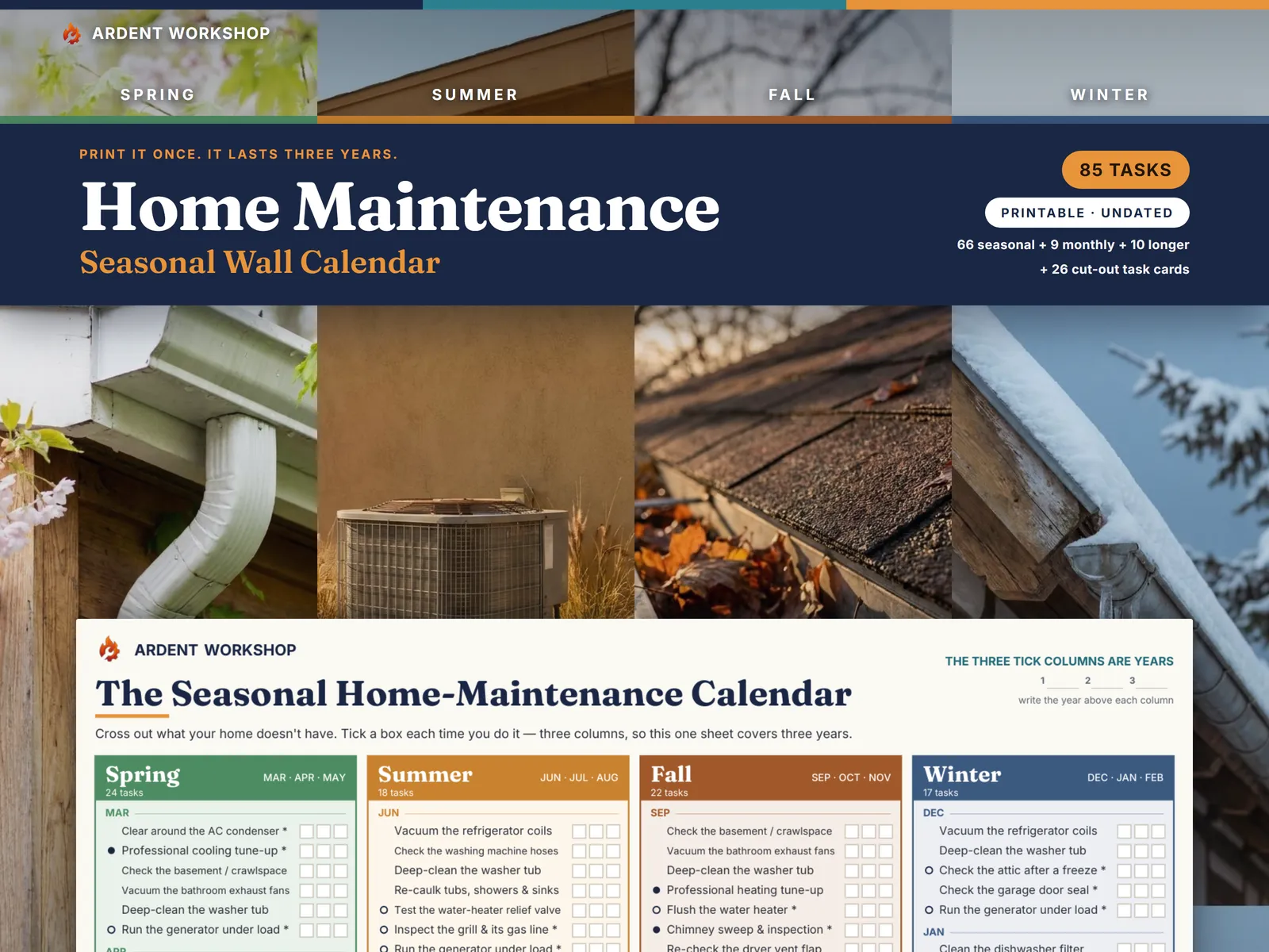 Home Maintenance Seasonal Wall Calendar and Task Cards — a spring downspout, a summer air-conditioning condenser, a fall gutter full of leaves and a snowy winter eave above the printed wall calendar