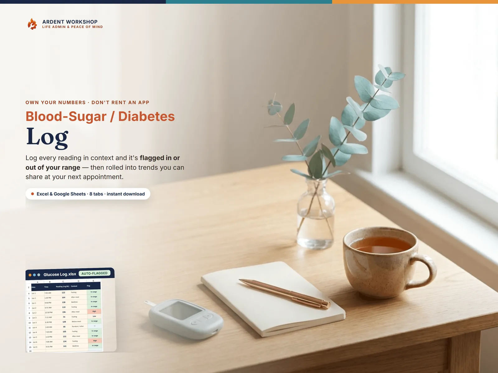 Blood-Sugar / Diabetes Log — log each glucose reading and it's flagged in or out of your target range, for Excel and Google Sheets