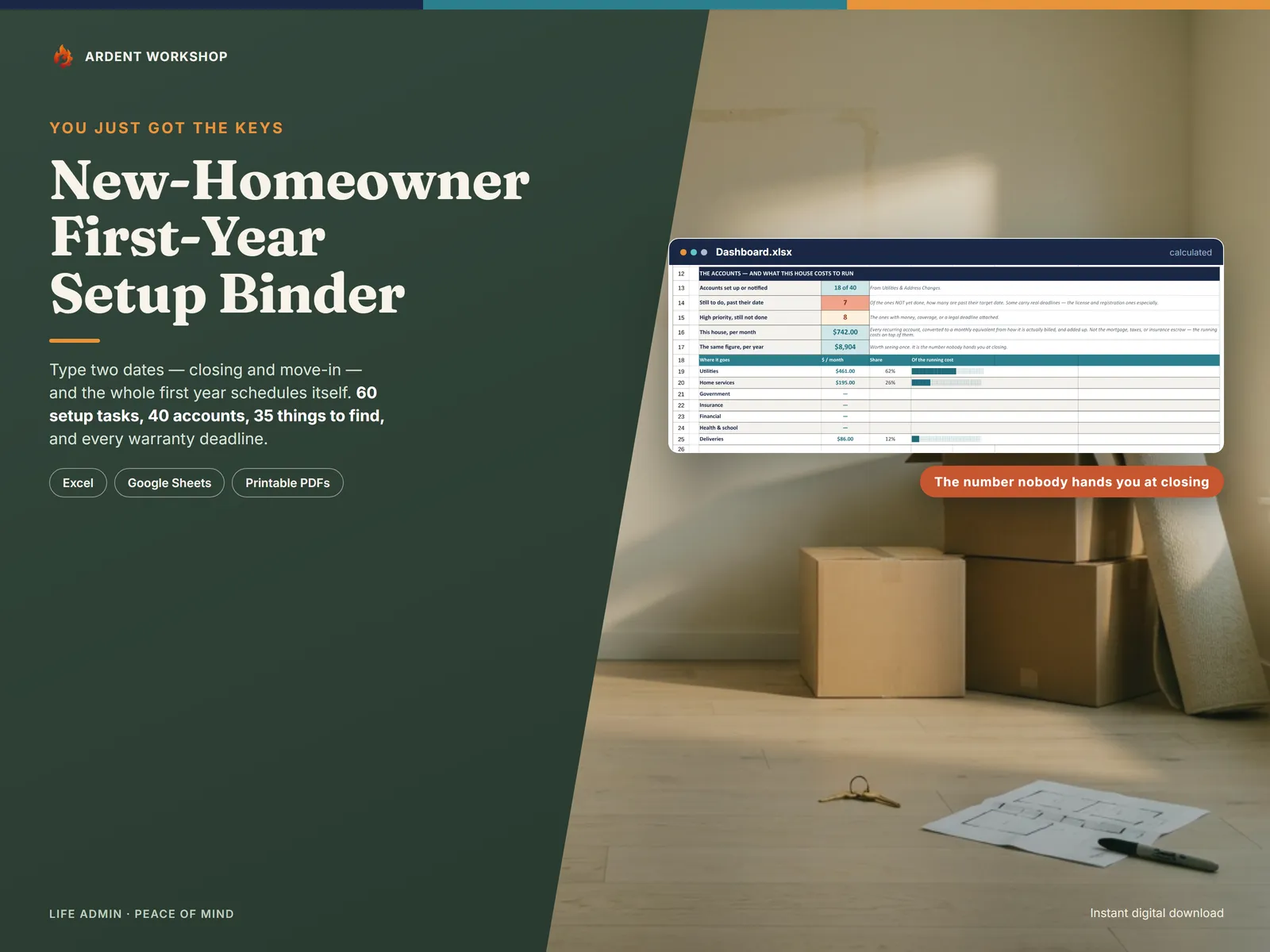New-Homeowner Move-In & First-Year Setup Binder — a sunlit empty room on move-in morning with the workbook Dashboard showing the monthly running cost of the house
