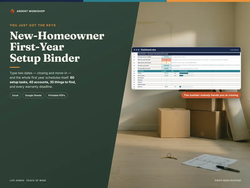 New-Homeowner Move-In & First-Year Setup Binder — a sunlit empty room on move-in morning with the workbook Dashboard showing the monthly running cost of the house
