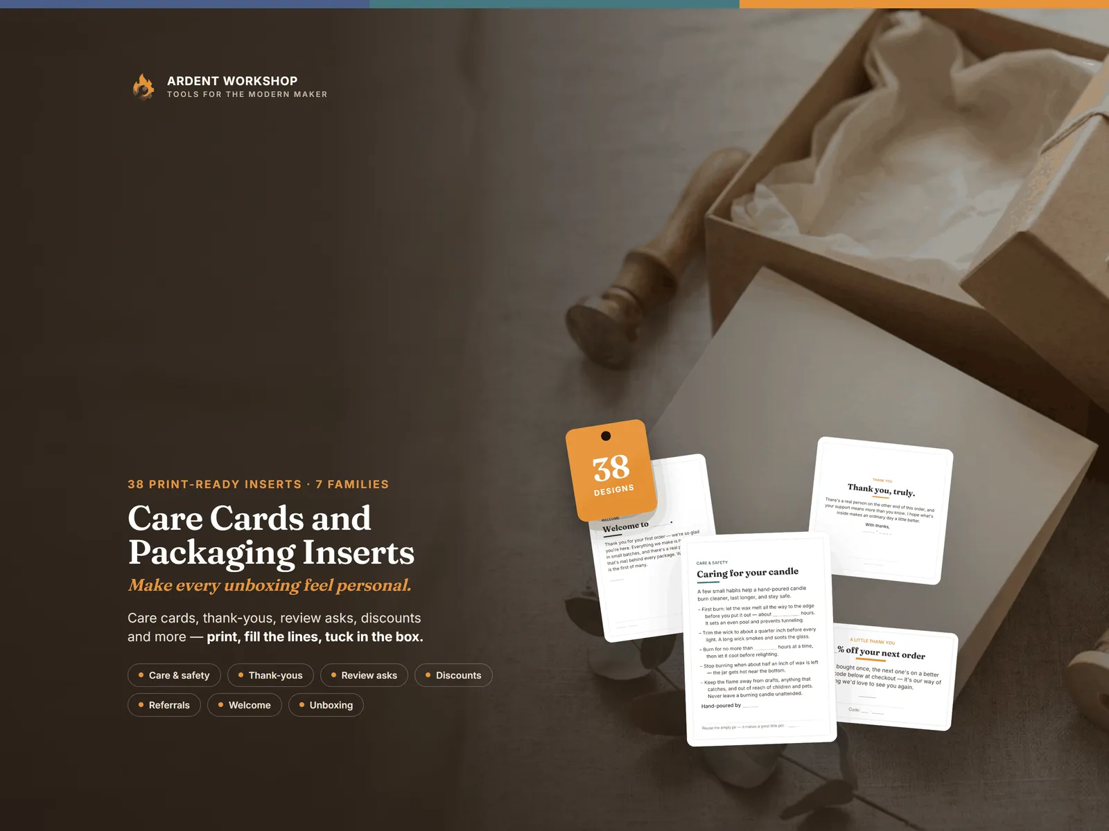 Maker's Care Cards & Packaging Inserts Pack — 38 print-ready inserts
