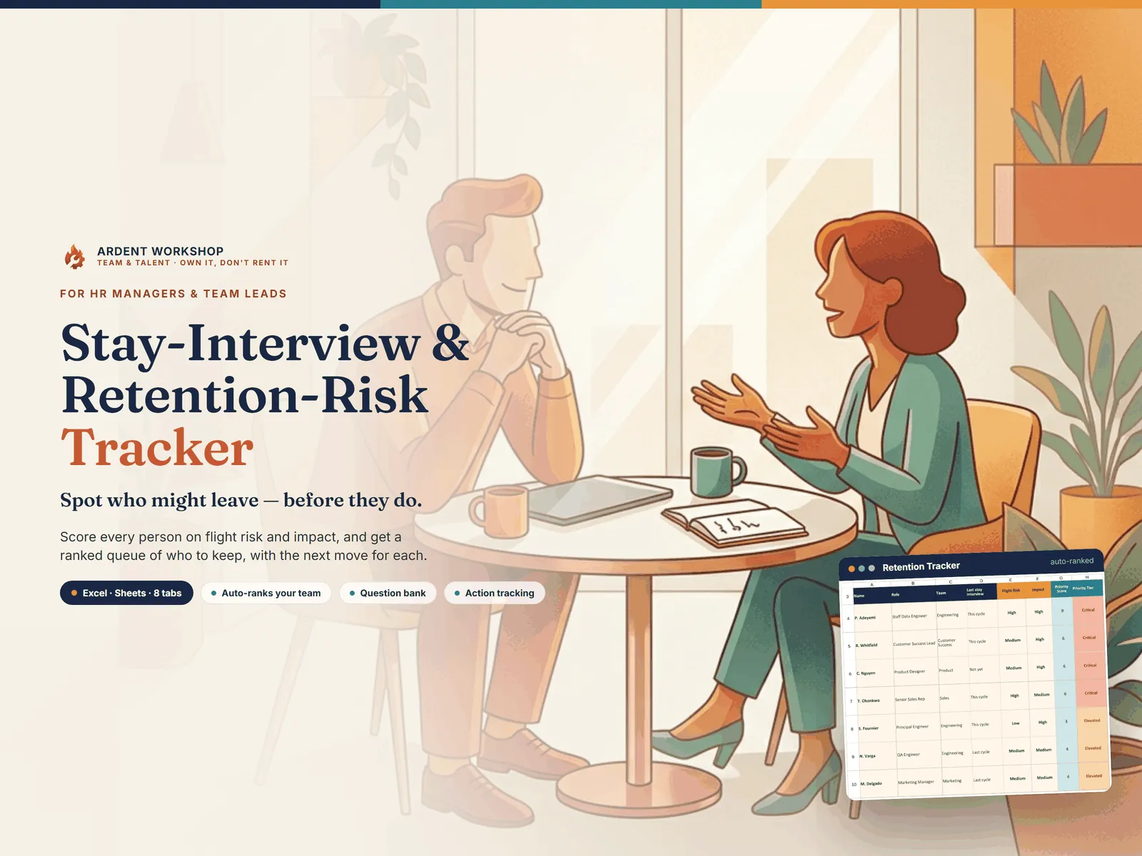 Stay-Interview & Retention-Risk Tracker — a manager in a stay interview, with each person auto-ranked into a retention priority from Critical to Stable