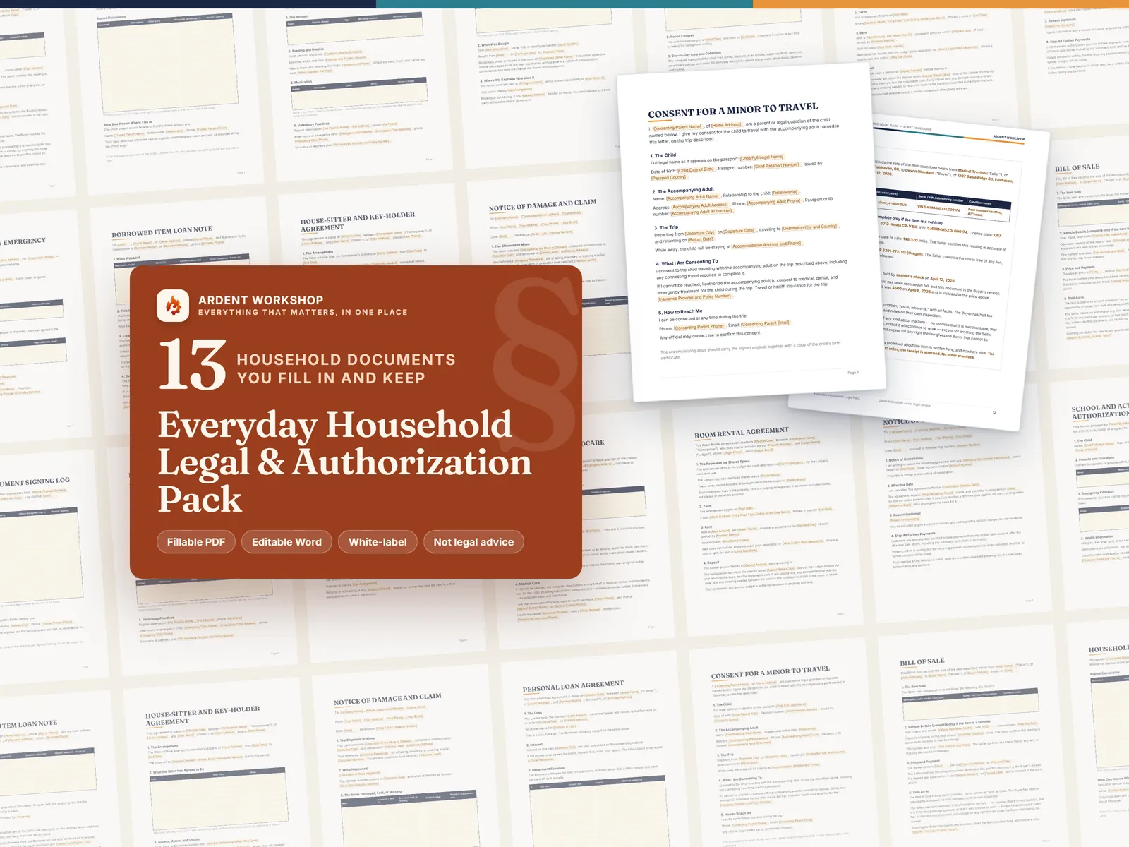 Everyday Household Legal & Authorization Template Pack — 13 fillable household documents in one owned pack
