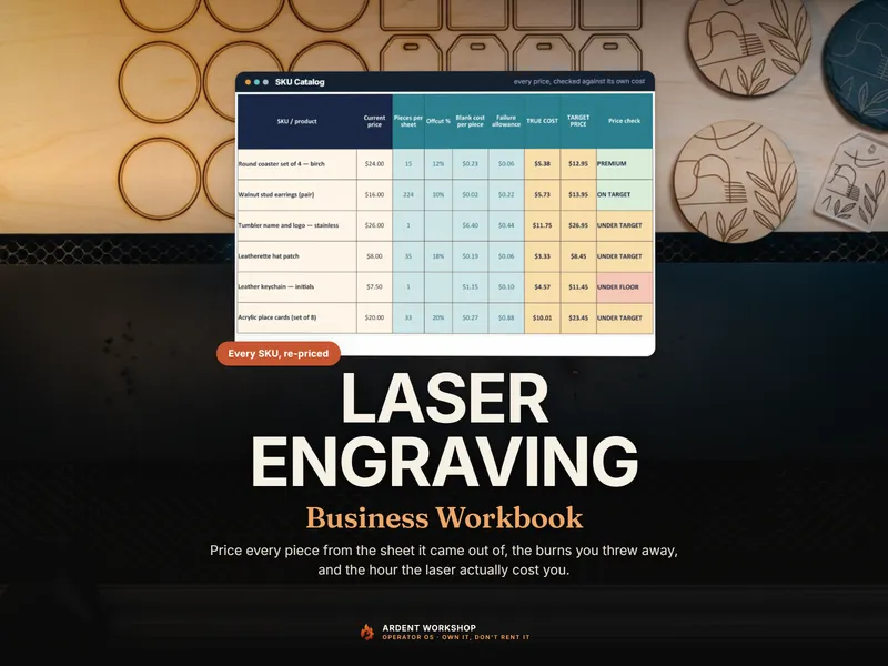 The Laser Engraving Business Workbook SKU Catalog open over a laser bed, showing pieces per sheet, true cost, target price and UNDER TARGET flags