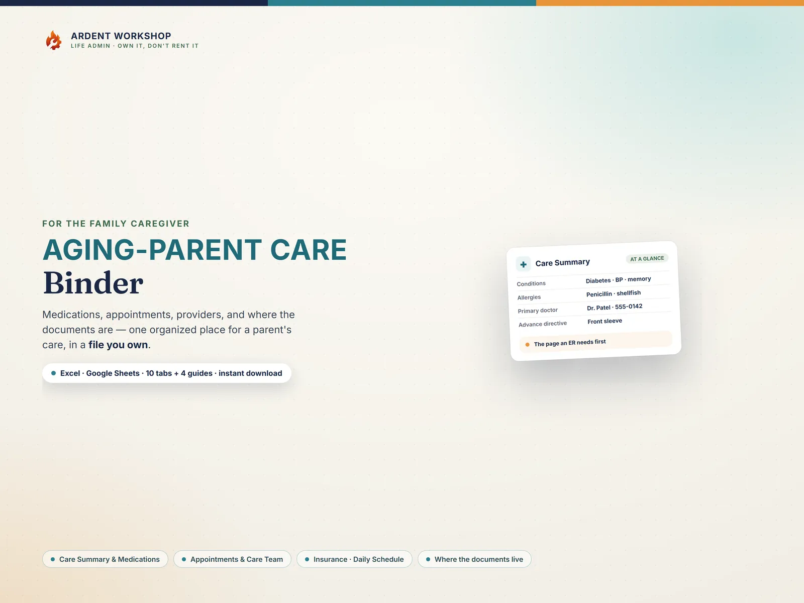 Caregiver / Aging-Parent Care Binder — organize an aging parent's medications, appointments, and care for Excel and Google Sheets