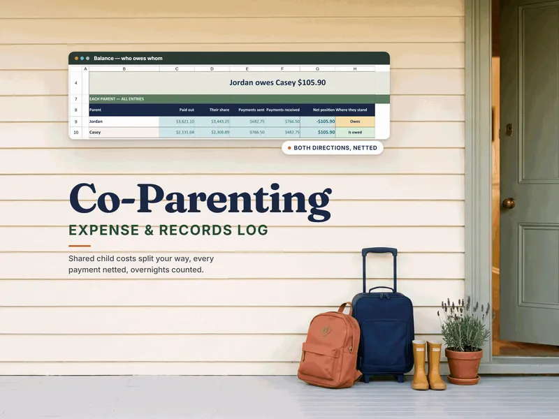 Co-Parenting Expense & Records Log for Excel and Google Sheets, showing the Balance tab's one-line who-owes-whom figure on a front porch at a handover