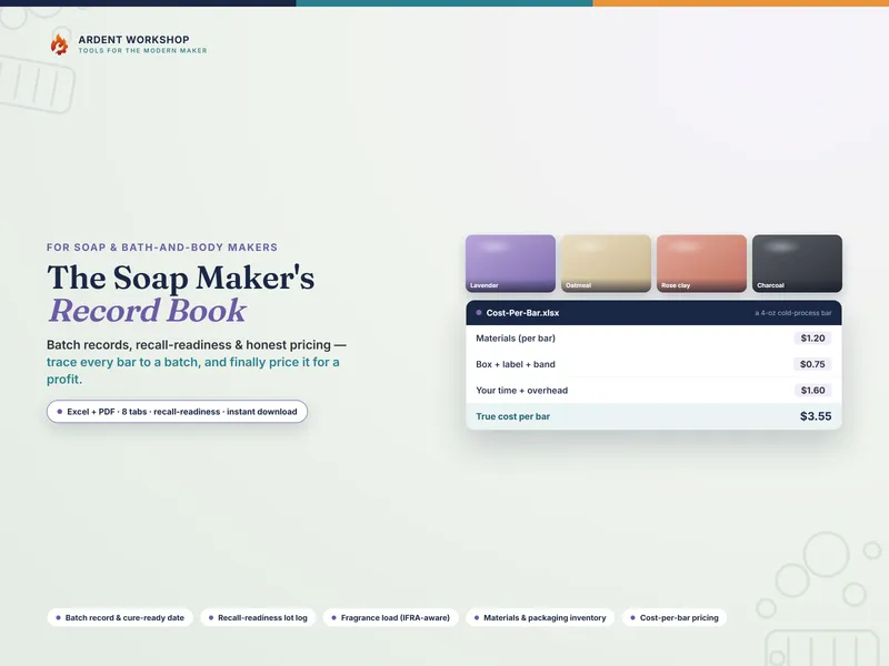 A cost-per-bar calculator spreadsheet card laid over a row of natural-coloured soap swatches in lavender, oatmeal, rose-clay, eucalyptus and charcoal tones, with the title 'The Soap Maker's Record Book' above it