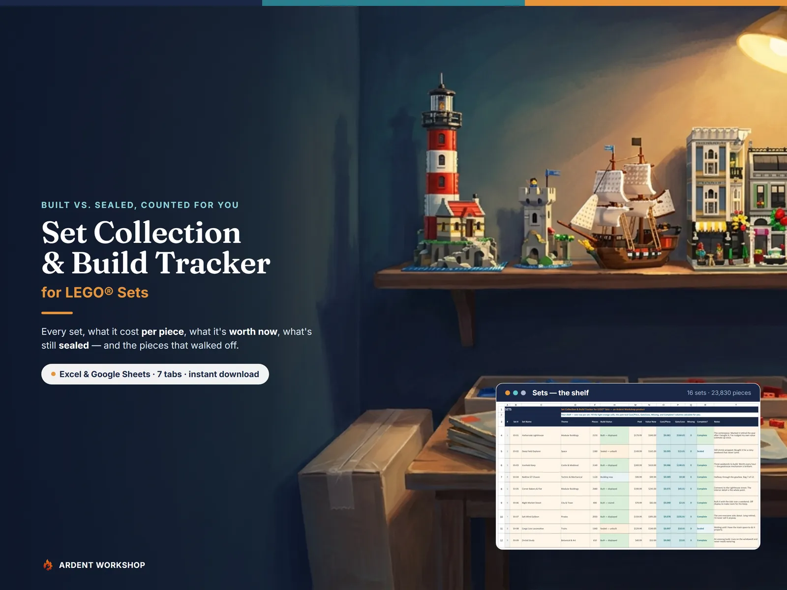 Set Collection & Build Tracker for LEGO sets — a shelf of brick-built models above a still-sealed box, with the Sets tab floating over the desk computing cost per piece and gain/loss