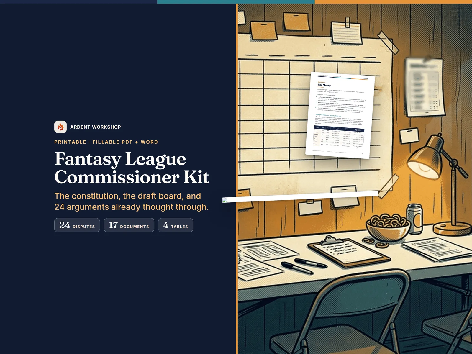 Fantasy League Commissioner Kit — a printable draft board and a computed payout table on a draft-night table