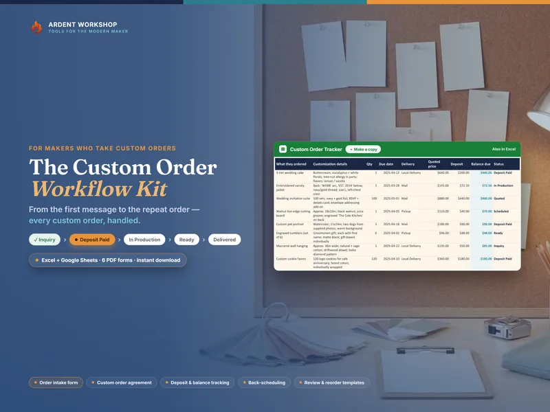 The Custom Order Workflow Kit — the Order Tracker screenshotted from the live Google Sheet, showing a wedding cake, a varsity jacket and an invitation suite with their due dates, deposits and computed balance due, above the seven-stage status pipeline from Inquiry through Deposit Paid to Delivered
