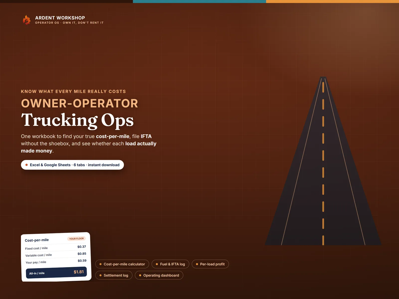 Owner-Operator Trucking Ops Workbook — cost-per-mile calculator, IFTA log, and per-load profit for Excel & Google Sheets