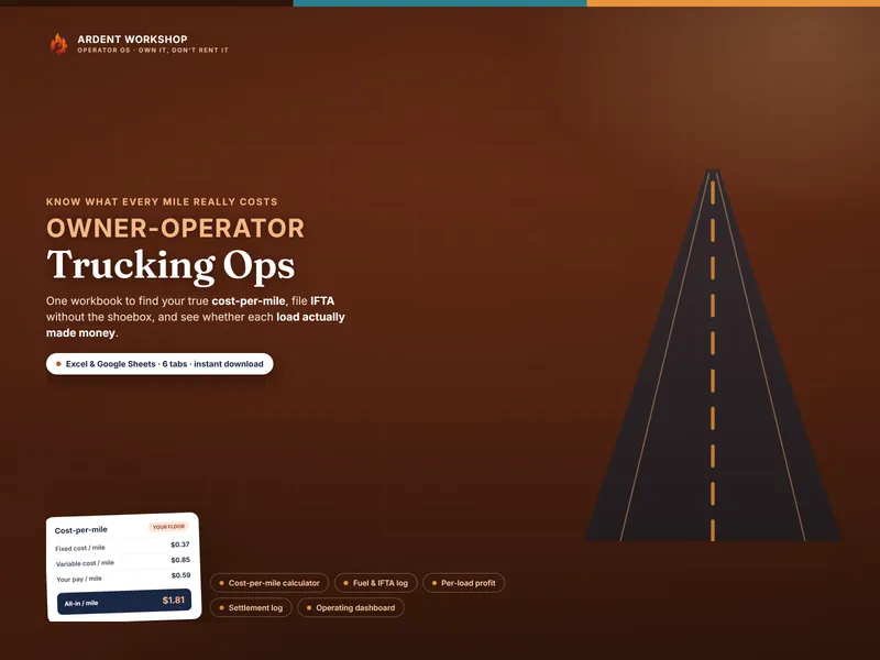 Owner-Operator Trucking Ops Workbook — cost-per-mile calculator, IFTA log, and per-load profit for Excel & Google Sheets