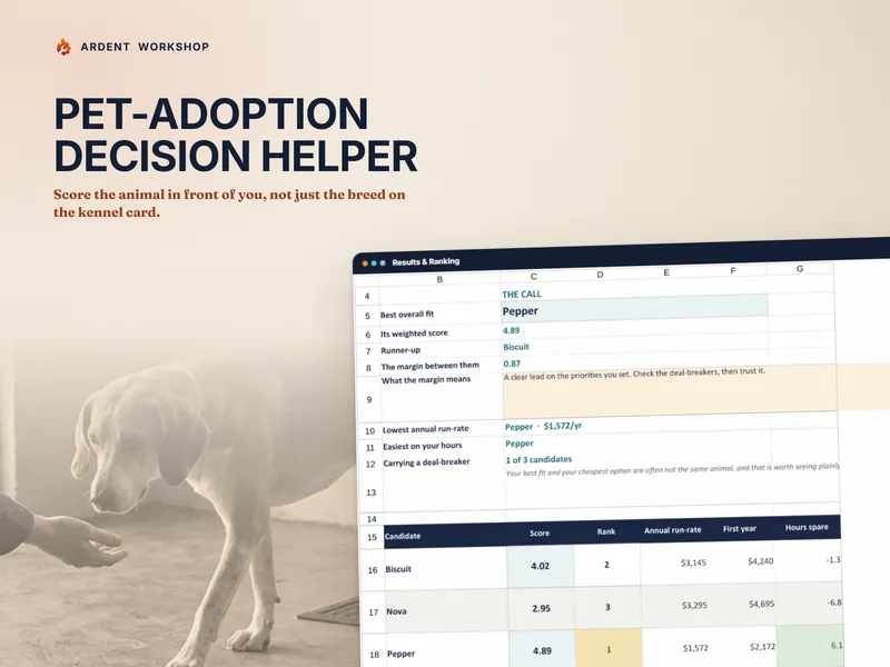 Pet-Adoption Decision Helper - a shelter meet-and-greet with the workbook's ranked results panel showing three candidates scored