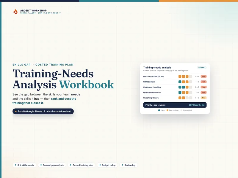 Training-Needs Analysis (TNA) Workbook — see the skills gap and rank the training that closes it, in Excel & Google Sheets