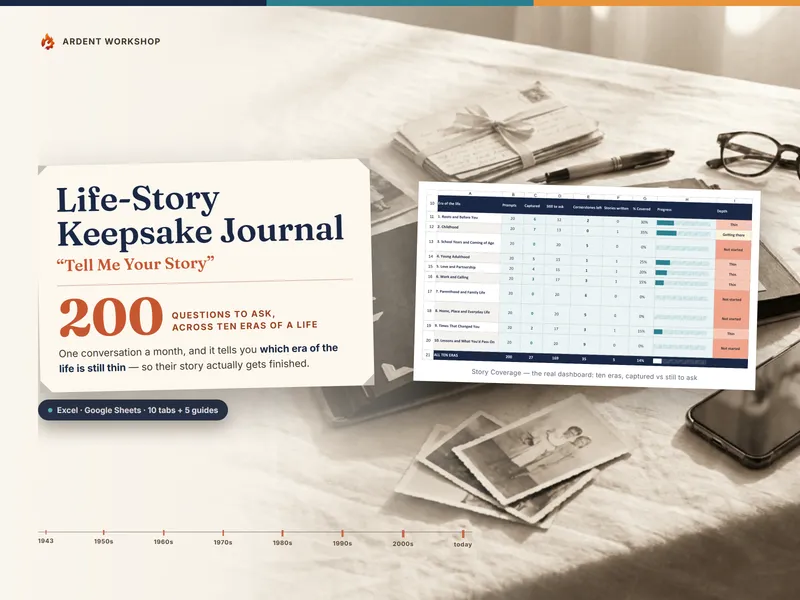 Life-Story & Memory Keepsake Journal — 200 interview questions across ten eras of a life, with a coverage dashboard, for Excel, Google Sheets, and LibreOffice
