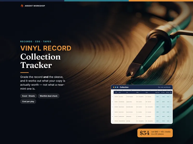 Vinyl & Music Collection Tracker - a record collection spreadsheet for Excel and Google Sheets, showing media and sleeve grades producing a grade-adjusted value