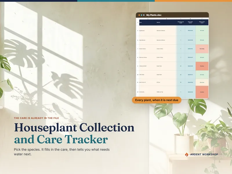 Houseplant Collection & Care Tracker open on a sunlit shelf, showing each plant with its watering interval, next date and status