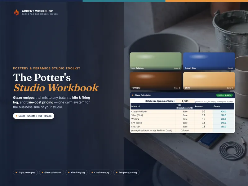 Pottery & Ceramics Studio Workbook — glaze recipes & calculator, a kiln & firing log, inventory & pricing