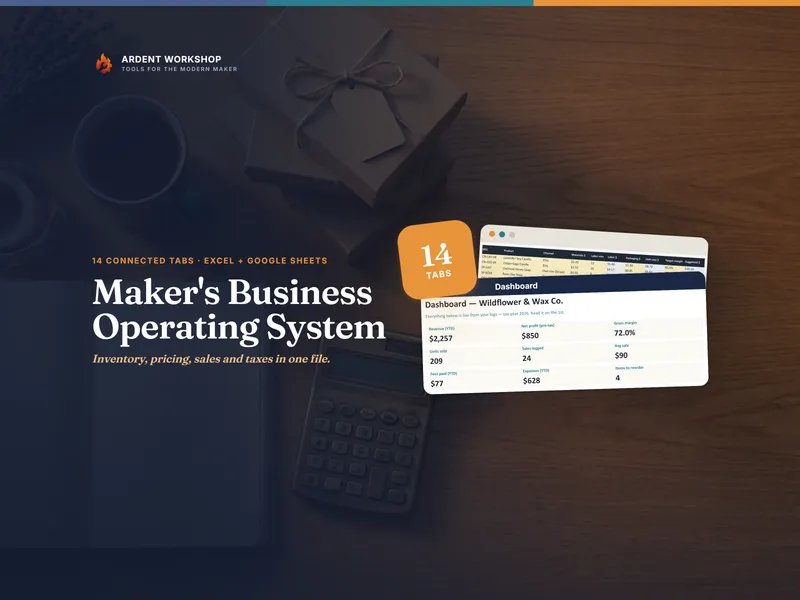 Maker's Business Operating System — inventory, pricing, sales and taxes in one file, with the Dashboard tab and a 14-tabs badge
