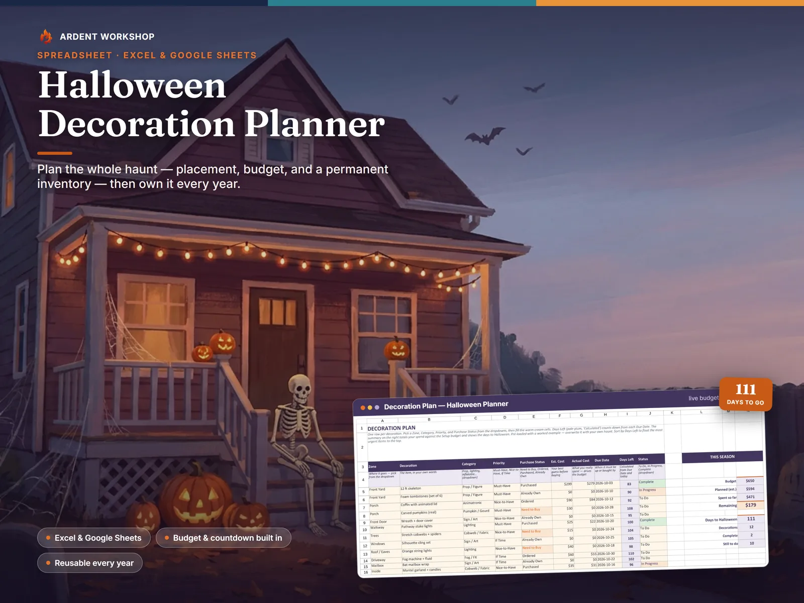 Halloween Decoration Planner spreadsheet — Excel & Google Sheets, with budget and countdown