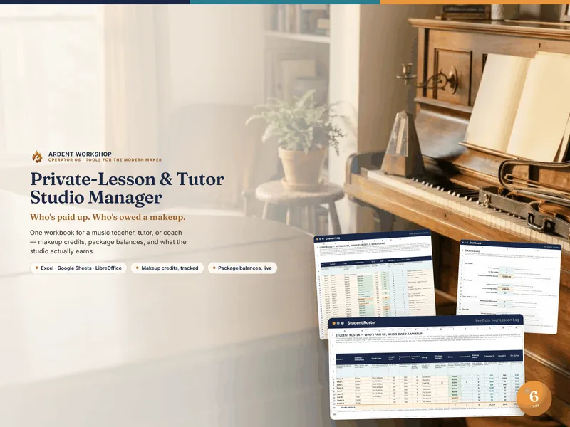 Private-Lesson & Tutor Studio Manager cover — a live studio panel showing who's owed a makeup, an unpaid balance, and the expected monthly income