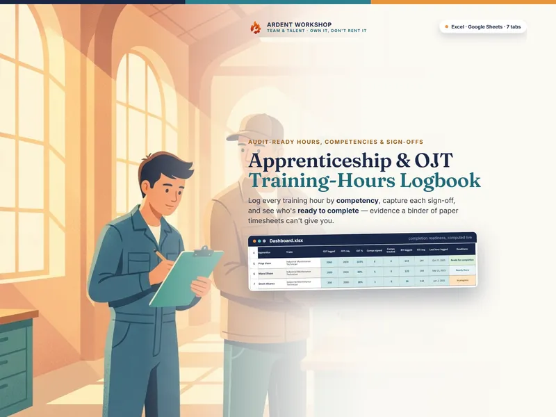 Apprenticeship & OJT Training-Hours Logbook for Excel & Google Sheets — audit-ready hours, competencies, and sign-offs