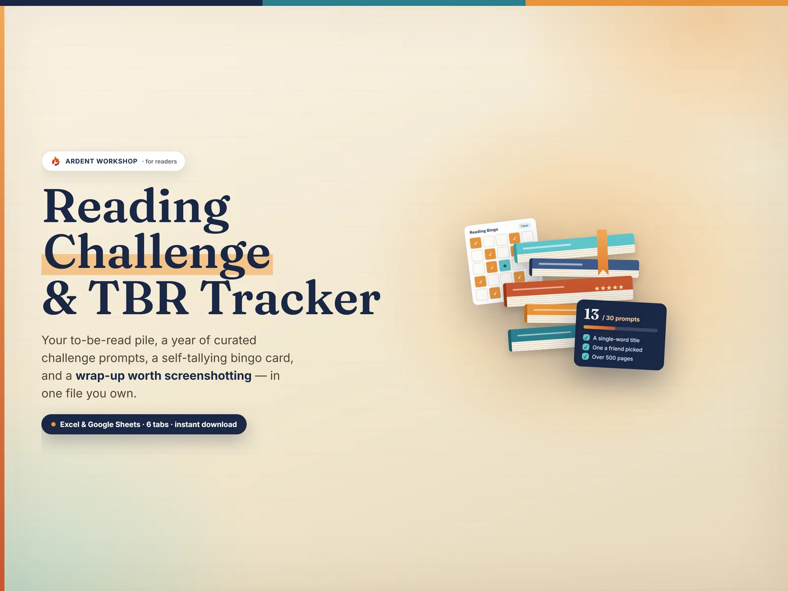 Reading Challenge & TBR Tracker — a to-read list, reading challenge, bingo card, and wrap-up spreadsheet for Excel and Google Sheets