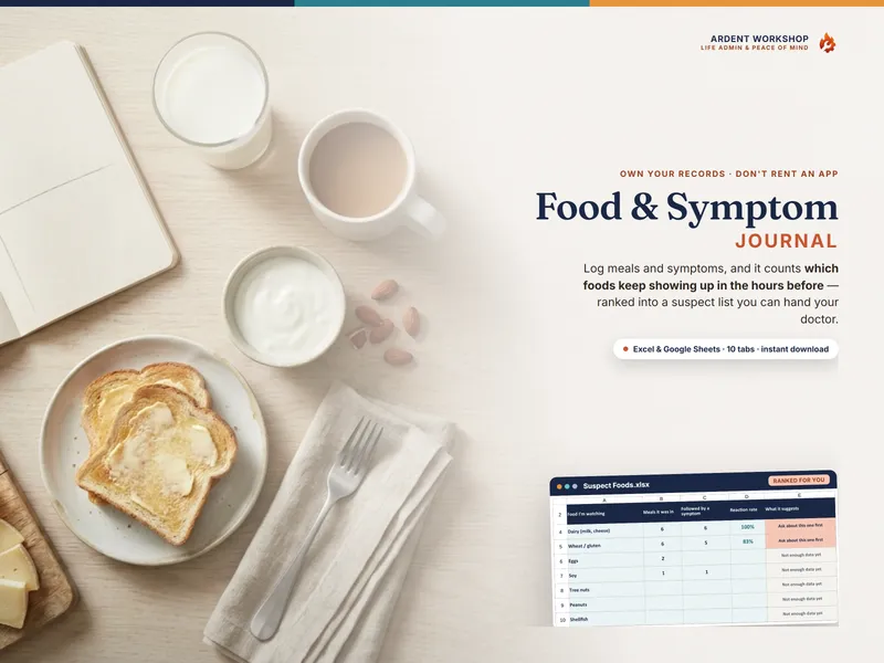 Food & Symptom Journal — log meals and symptoms and it ranks which watched foods most often preceded one, for Excel and Google Sheets