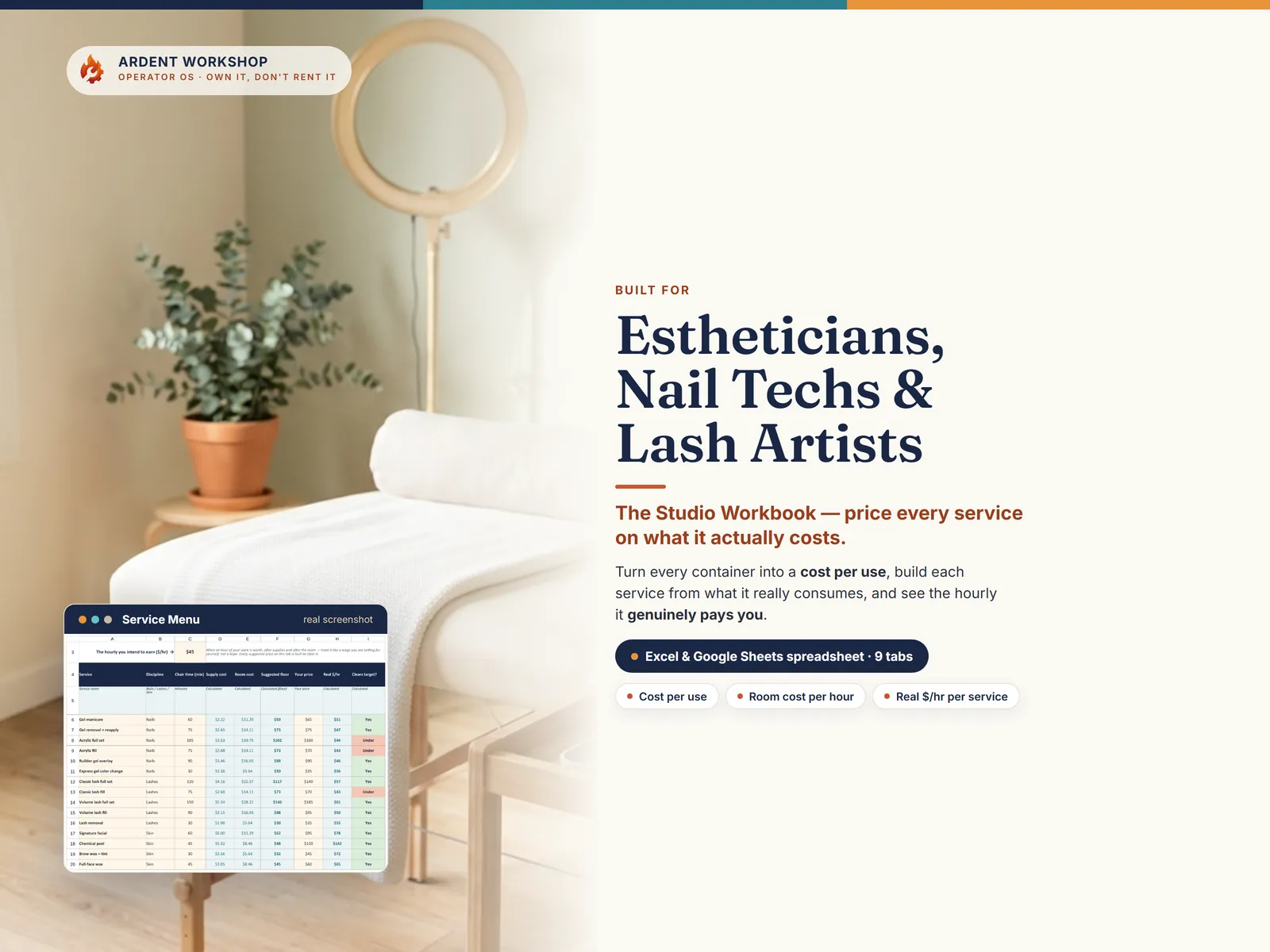 Esthetician, nail tech and lash artist studio workbook shown in a bright treatment room with the Service Menu tab pricing every service