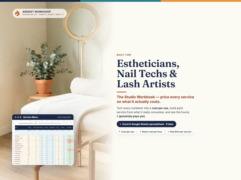 Esthetician, nail tech and lash artist studio workbook shown in a bright treatment room with the Service Menu tab pricing every service