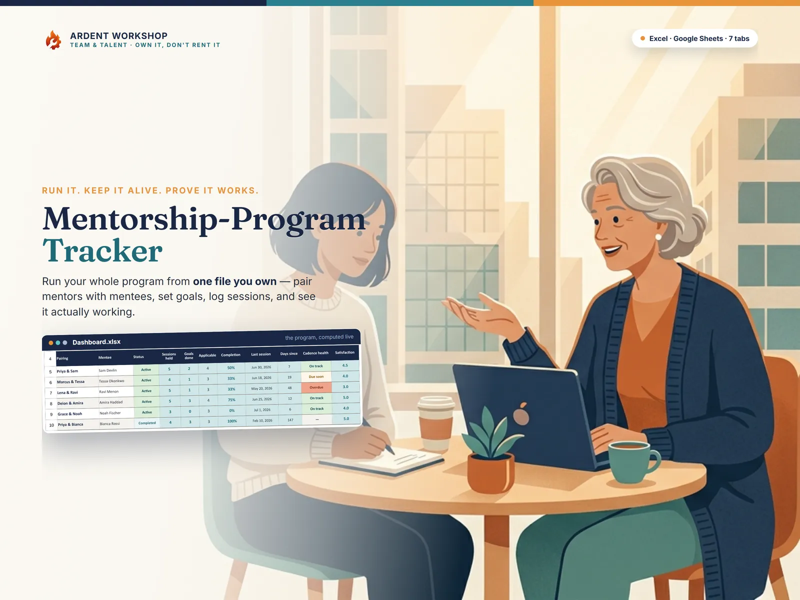Mentorship Program Tracker for Excel & Google Sheets — run your whole mentorship program from one owned file