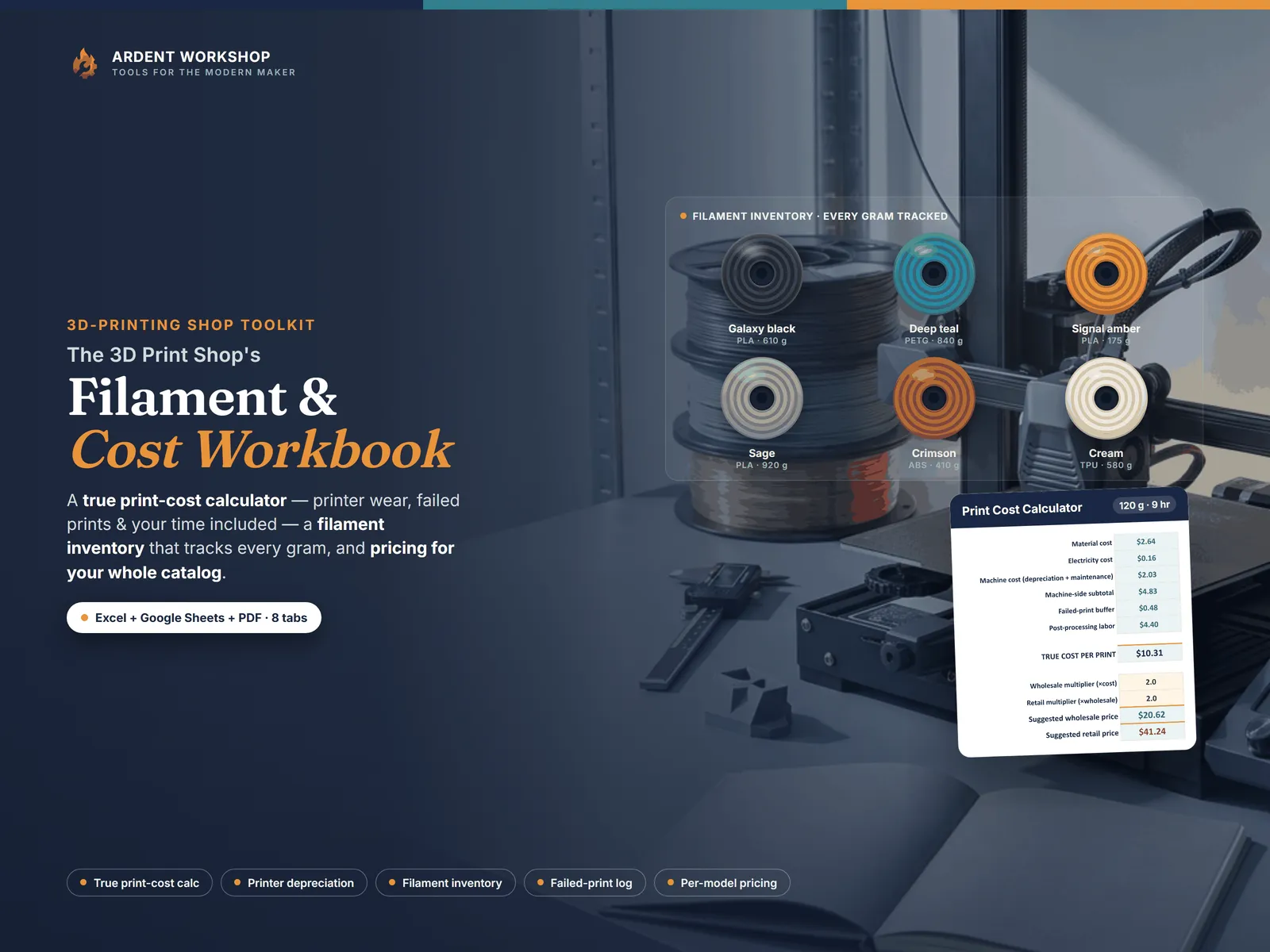 3D-Printing Shop's Filament & Print-Cost Workbook — True Print Costs, Printer Depreciation, Filament Inventory & Pricing