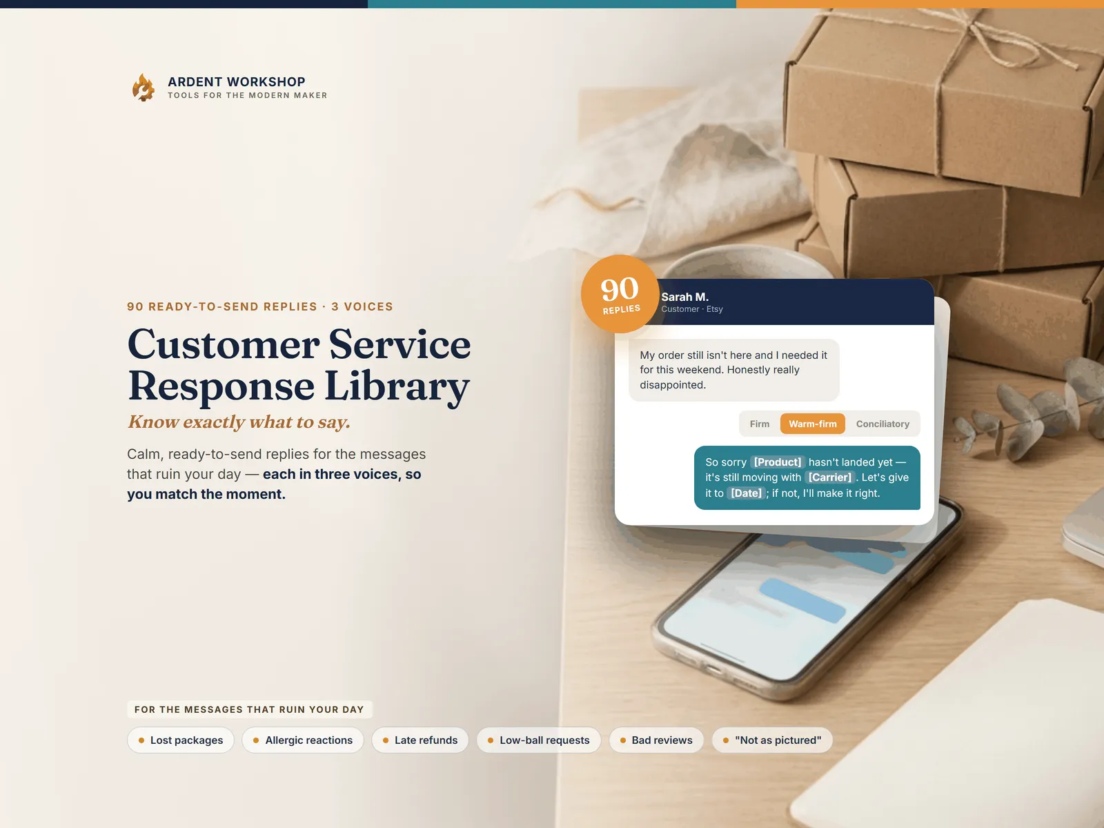 Maker's Customer Service Response Library — know exactly what to say, 90 ready-to-send replies