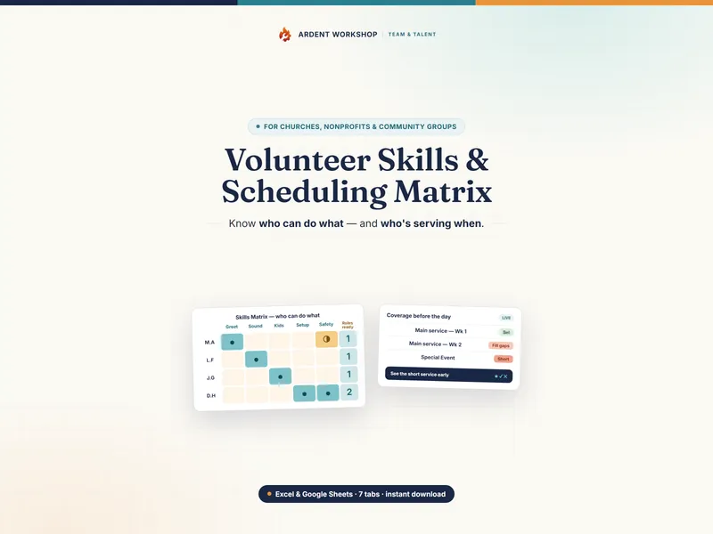 Volunteer Skills & Scheduling Matrix — know who can do what and who's serving when, in Excel & Google Sheets