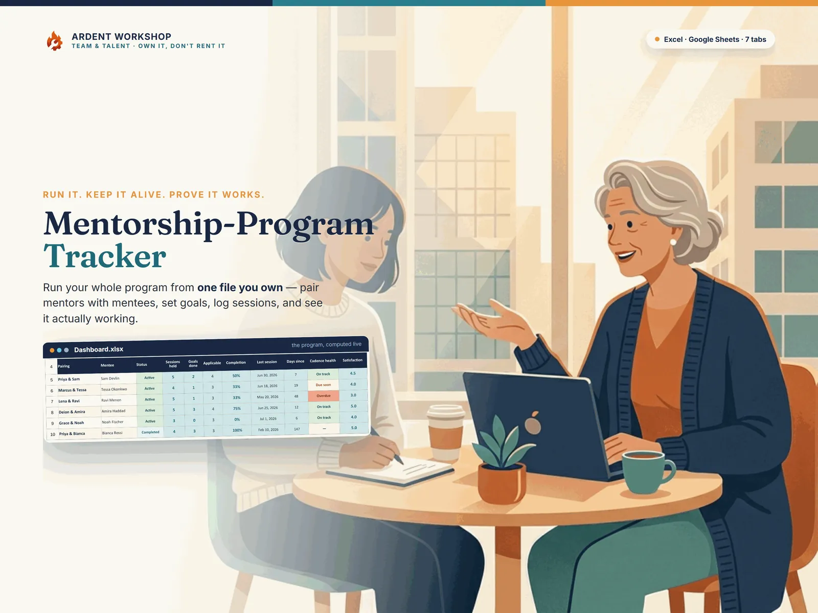 Mentorship Program Tracker for Excel & Google Sheets — run your whole mentorship program from one owned file