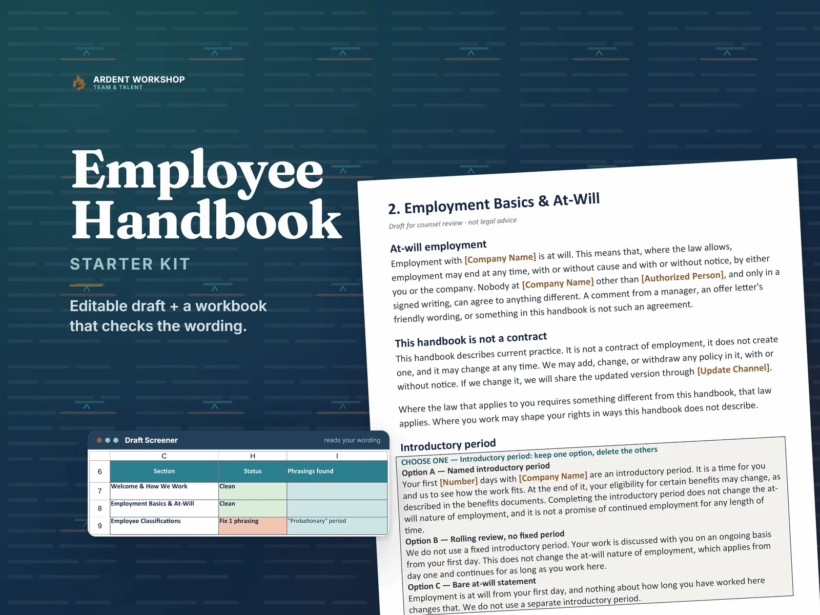 Employee Handbook Starter Kit — an editable handbook draft page beside the workbook's Draft Screener catching a risky phrasing
