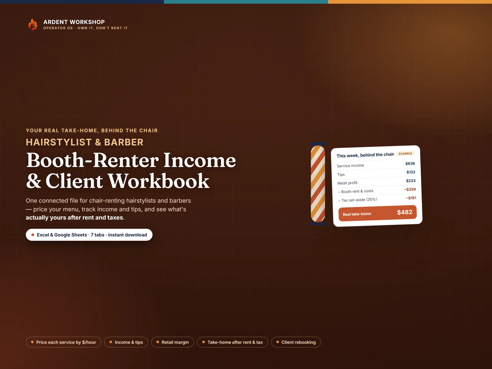 Booth-Renter Income & Client Workbook — service pricing, take-home, and client rebooking for hairstylists & barbers in Excel & Google Sheets