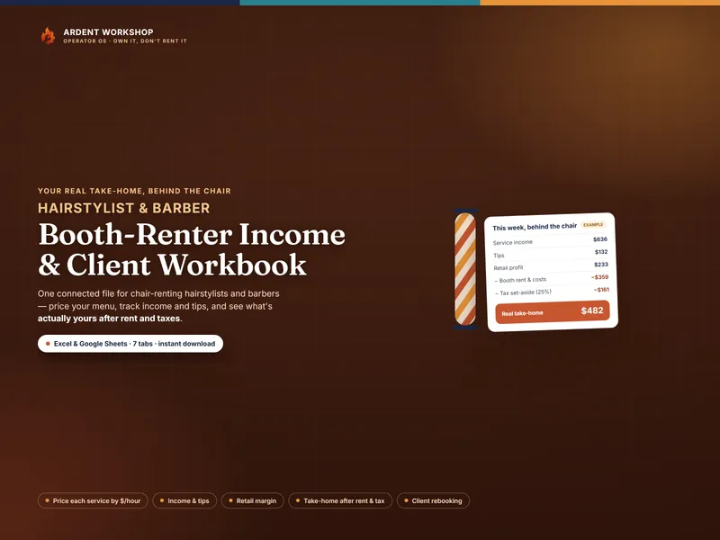 Booth-Renter Income & Client Workbook — service pricing, take-home, and client rebooking for hairstylists & barbers in Excel & Google Sheets
