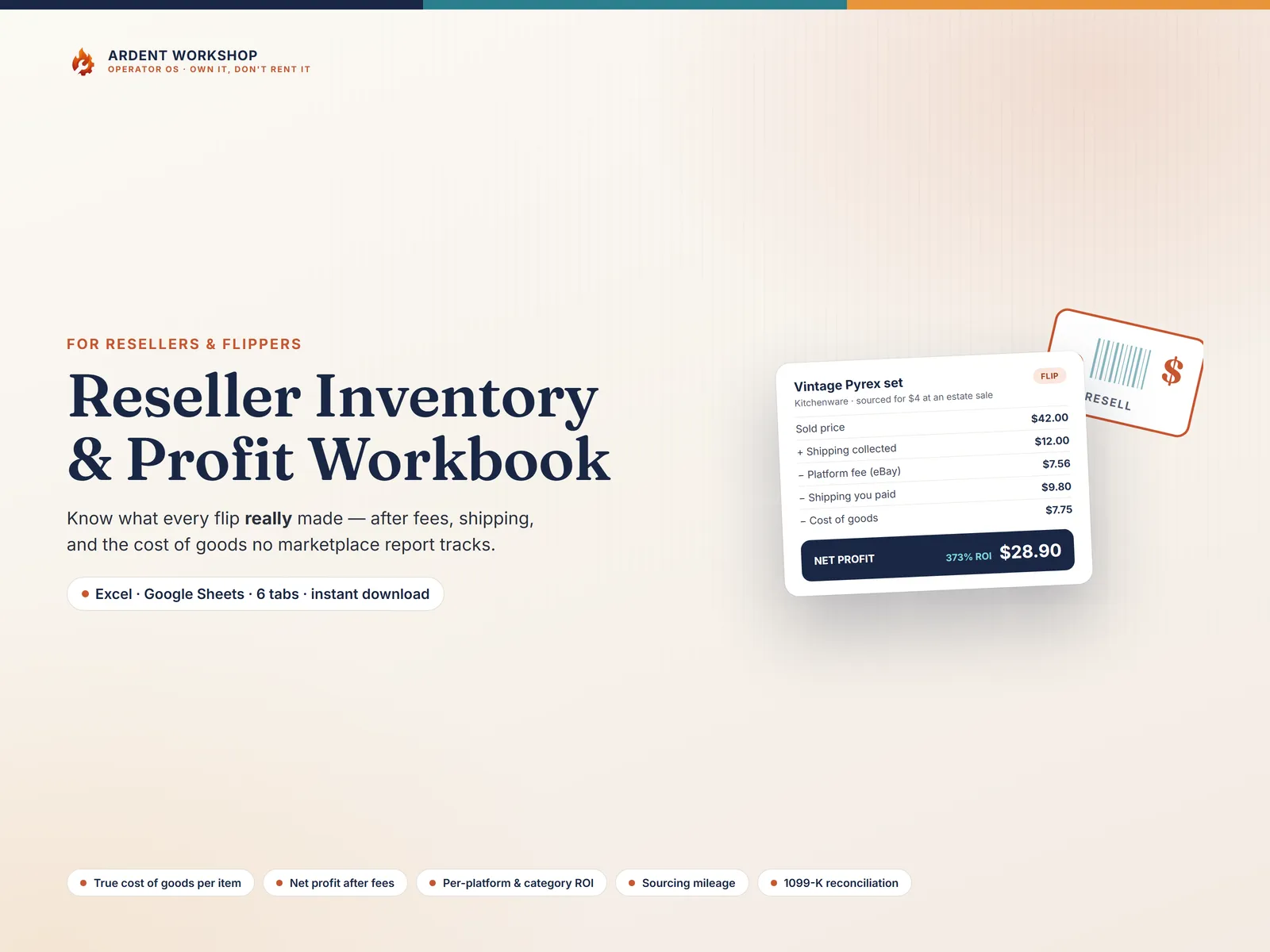 Reseller / Flipping Inventory & Profit Workbook — track cost of goods, net profit per item, fees & 1099-K for Excel & Google Sheets