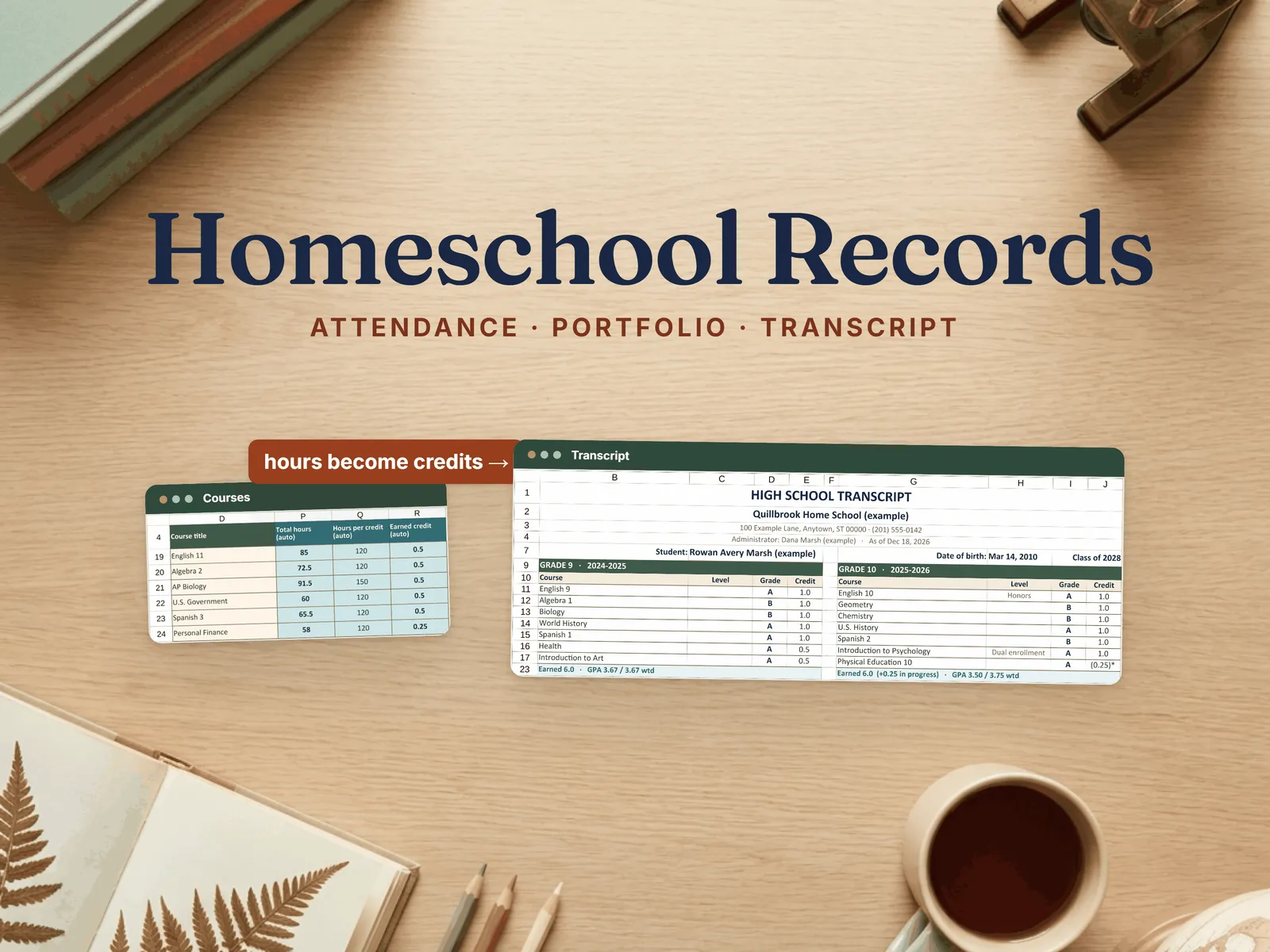 Homeschool Records Binder — the Courses tab turning logged hours into credits beside the one-page High School Transcript, for Excel and Google Sheets